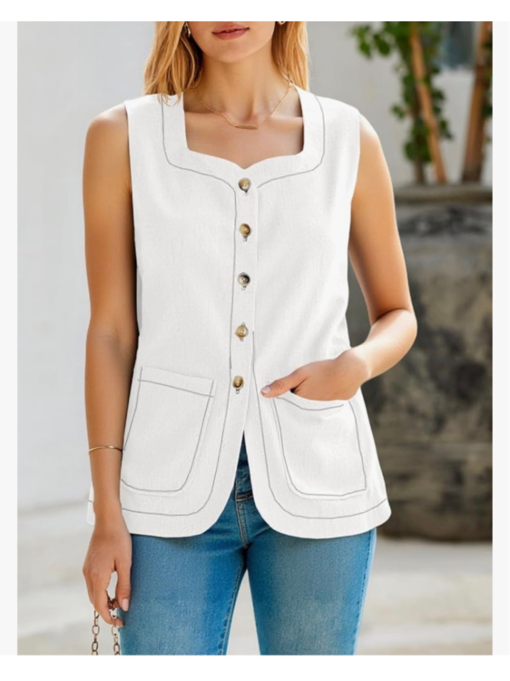 NEW Cream Square Neck Denim Vest Button Down Sleeveless Jean Waistcoat M - Picture 3 of 6